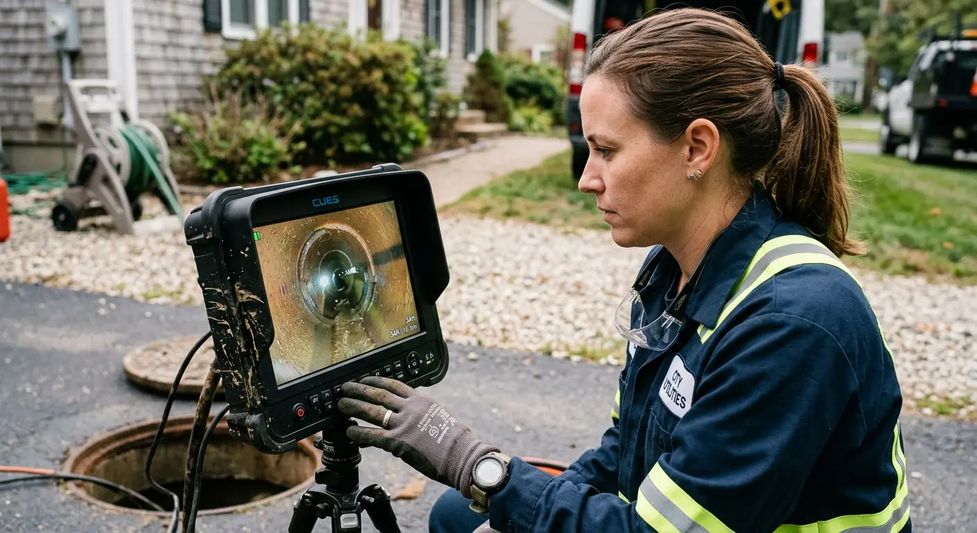 Technician reviewing sewer camera inspection footage in Purcell