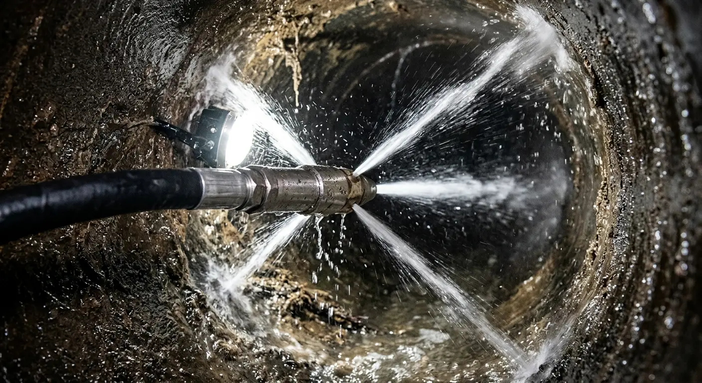 High-pressure hydro jetting nozzle cleaning sewer pipe for Trenchless Sewer Repair in Purcell