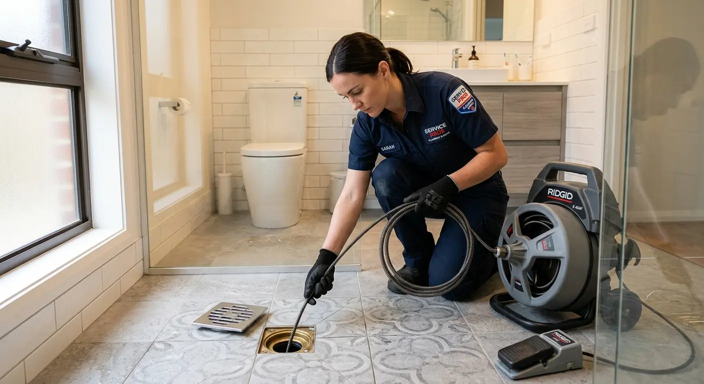 Technician clearing a bathroom floor drain for Sewer Line Replacement in Purcell